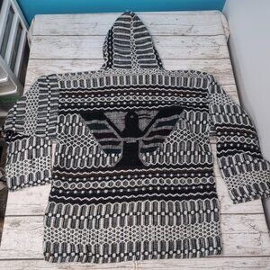 Vintage Ecuador Sweater Adult Medium Gray Pull Over Hood Native Eagle Cardigan